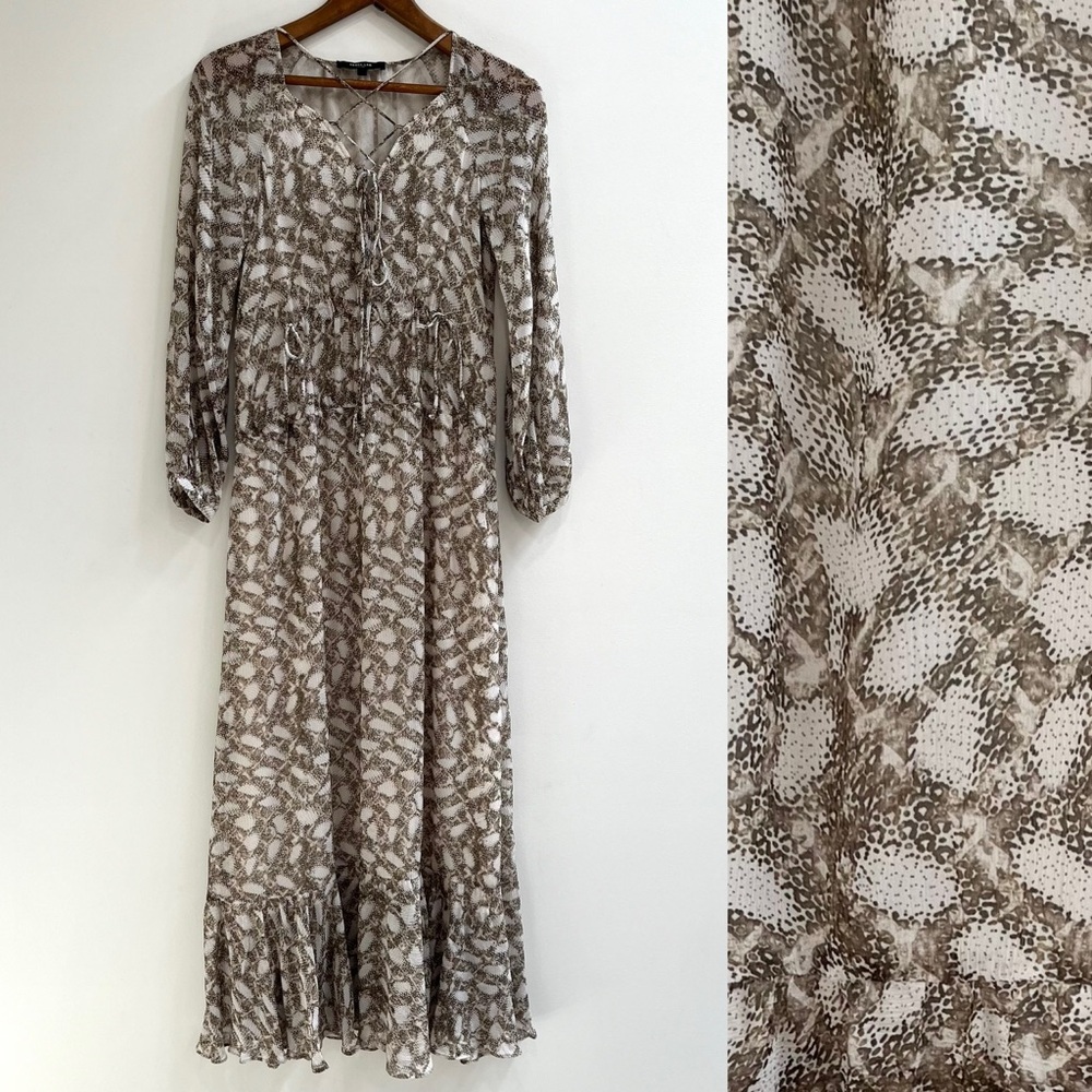 Neutral Snake-Print Long Sleeve Maxi Dress - Beige/Brown